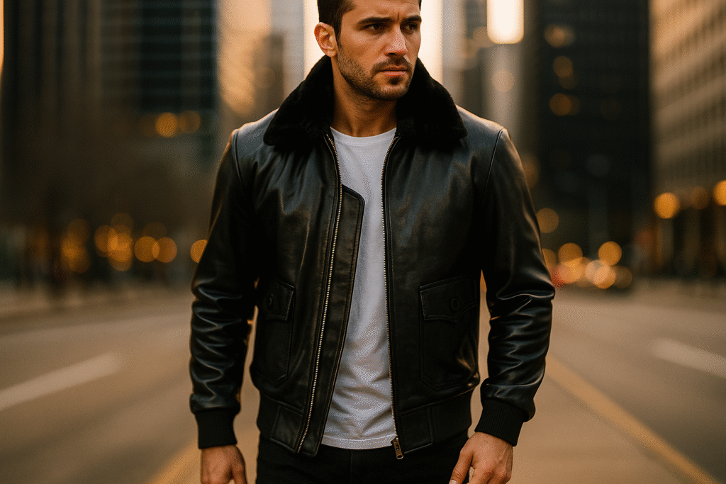 Airin G-1 Black Leather Bomber Jacket with Removable Fur Collar
