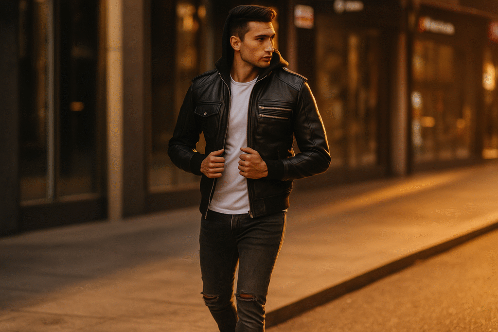Model wearing Bravado Black Hooded Leather Bomber Jacket styled with turtleneck and jeans in an urban street setting