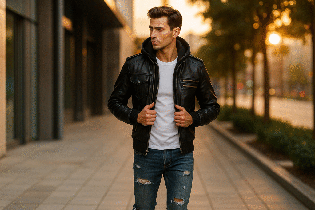 Bravado Black Hooded Leather Bomber Jacket laid flat showing front zipper, removable hood, and multiple pockets
