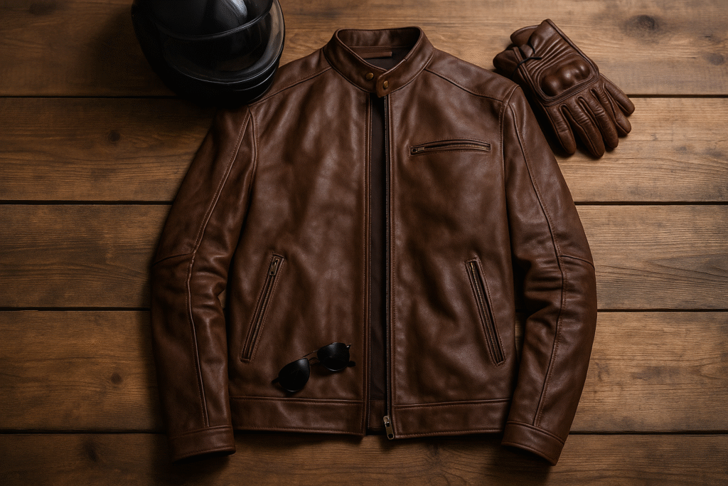 Close-up view of brown leather biker jacket showing pull-up leather texture, stitching, and zipper detail.