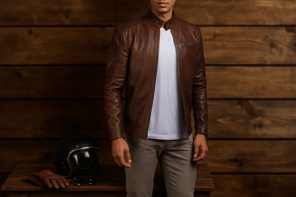 Dean Brown Leather Biker Jacket flat lay with gloves, sunglasses, and helmet on a rustic wooden table.