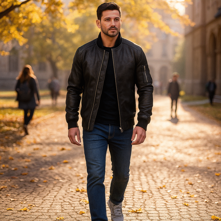Student wearing Bomia MA-1 Distressed Black Leather Bomber Jacket walking on campus courtyard with autumn leaves, showcasing stylish black leather and rib-knit details