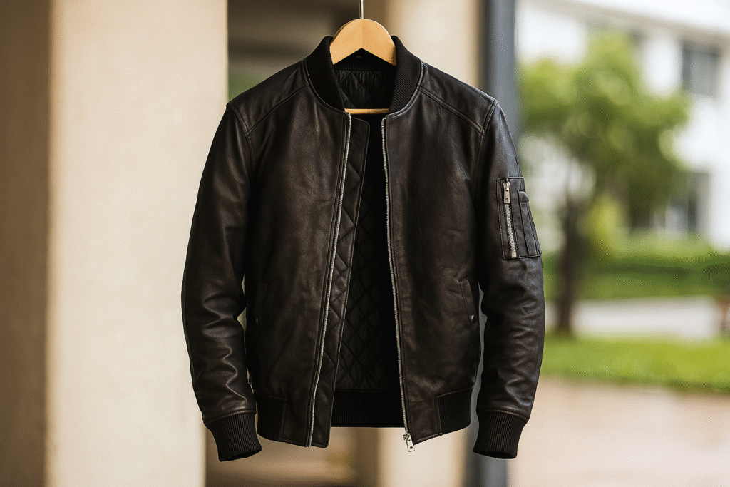 “Close-up of Bomia MA-1 Distressed Black Leather Bomber Jacket on a hanger, highlighting distressed black sheepskin leather, rib-knit cuffs, and quilted lining.”