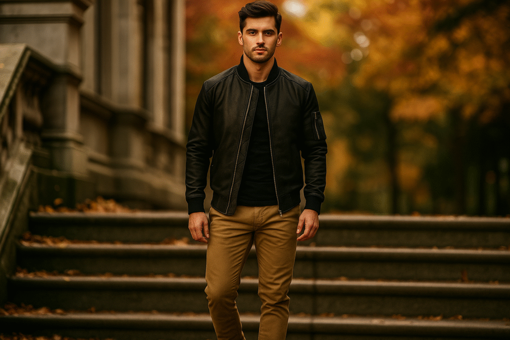 “Flat lay of Bomia MA-1 Black Leather Bomber Jacket with jeans, sneakers, sunglasses, and notebook, illustrating casual campus-ready outfit.”