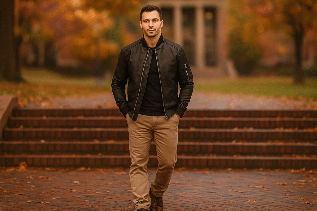 “Young adult wearing Bomia MA-1 Distressed Black Leather Bomber Jacket on campus steps, styled with chinos and boots, showing smart-casual fashion and vintage black leather look.”