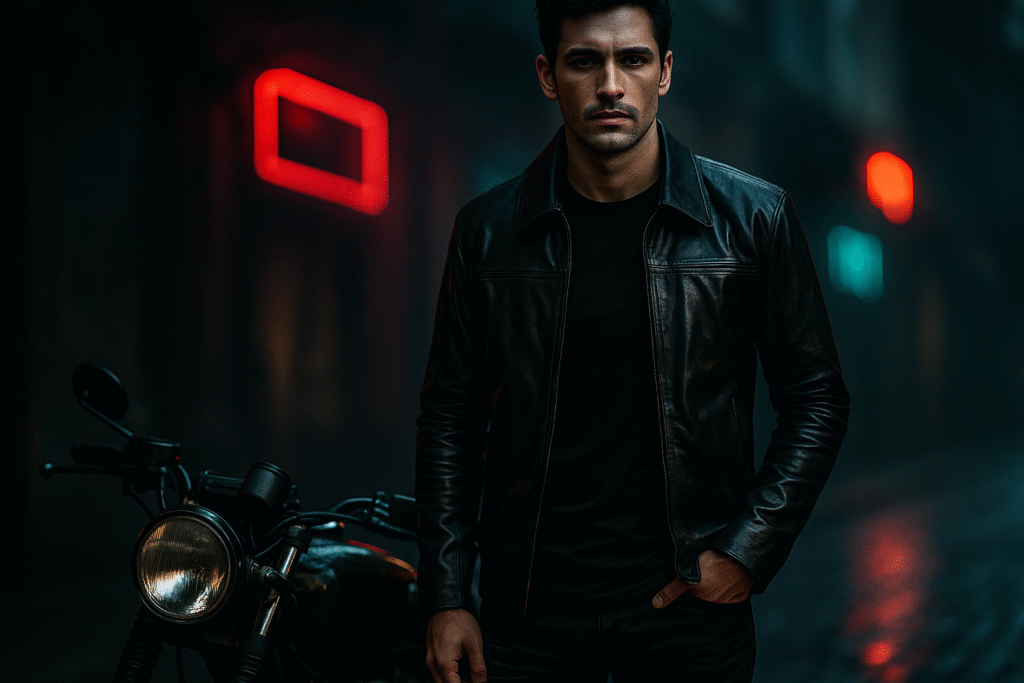Close-up view of black cowhide leather jacket showing fine stitching, zipper, and quilted lining details.