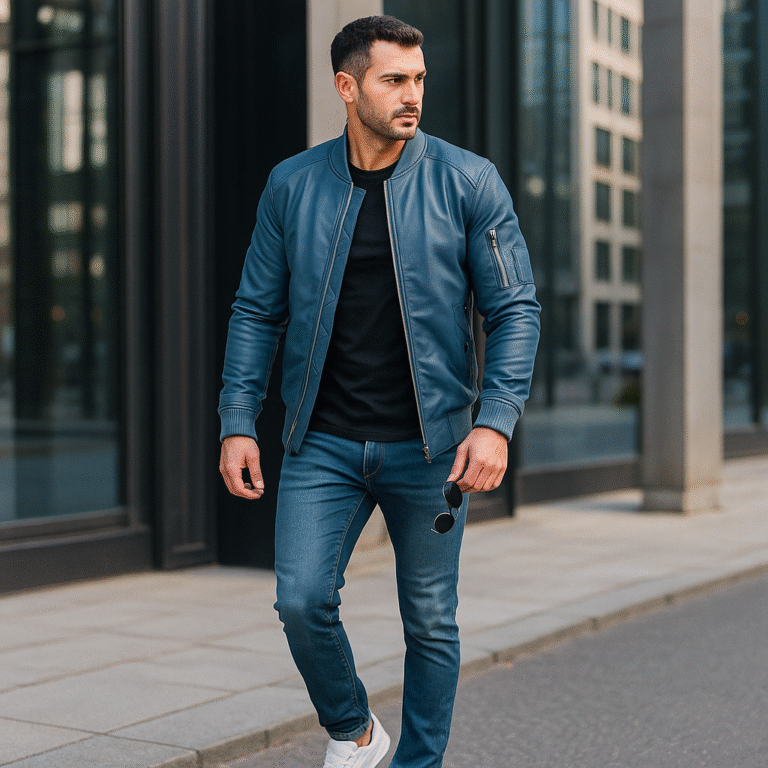 Man wearing Bomia MA-1 blue leather bomber jacket by NUA Leather Jackets in urban street style