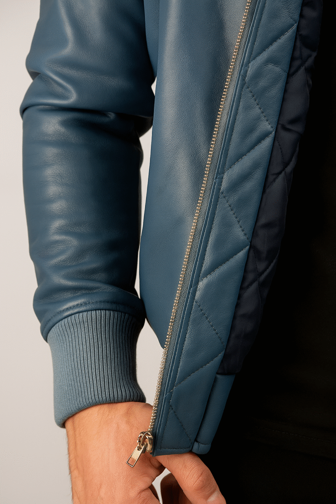 Man wearing Bomia MA-1 blue leather bomber jacket by NUA Leather Jackets in urban street style